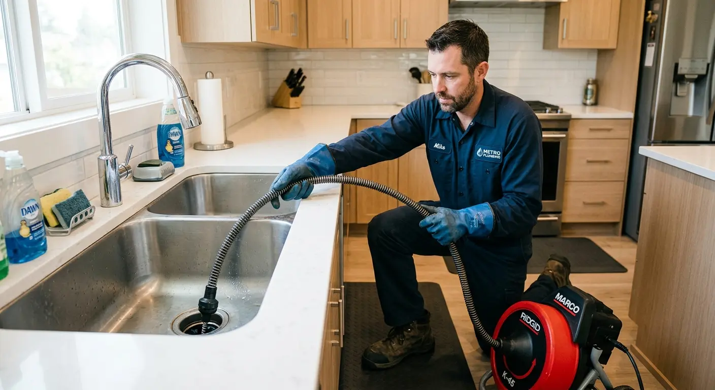 Drain cleaning technician using a motorized snake on a kitchen sink in East Rockaway
