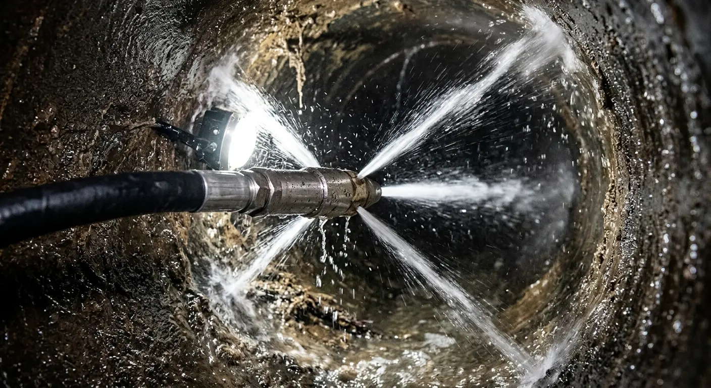High-pressure hydro jetting nozzle cleaning sewer pipe for Emergency Drain Service in East Rockaway