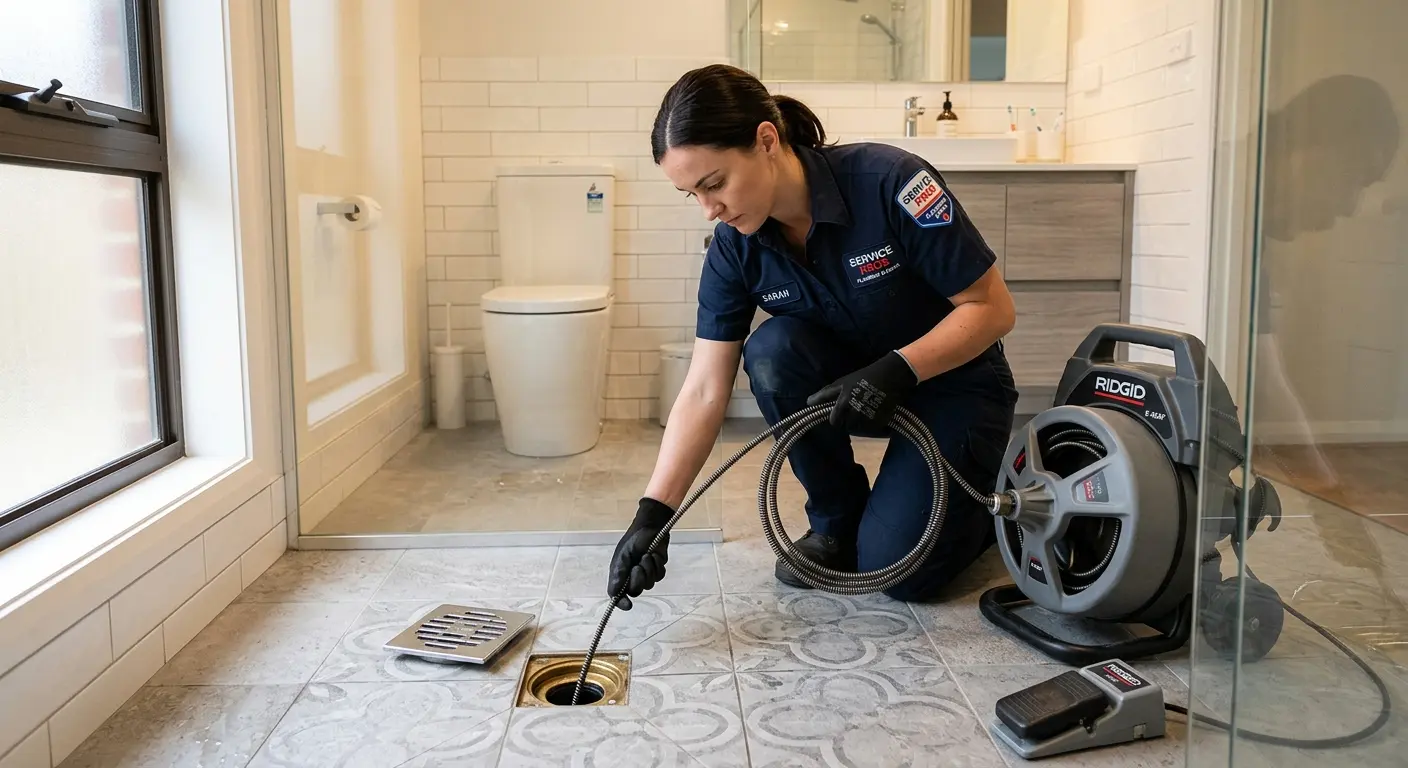 Technician clearing a bathroom floor drain for Drain Cleaning in East Rockaway